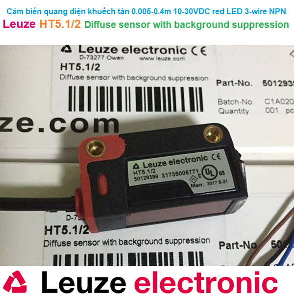 Cảm biến quang điện khuếch tán 0.005-0.4m 10-30VDC red LED 3-wire NPN - Leuze - HT5.1/2 Diffuse sensor with background suppression